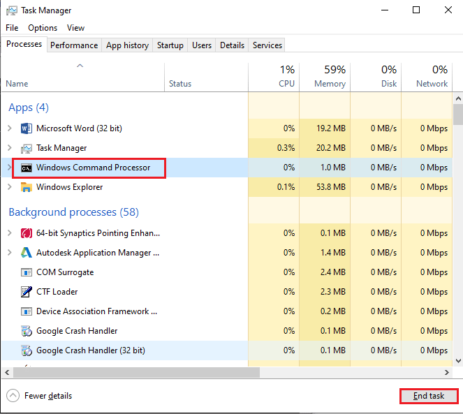 Select the Windows Command Processor app in the Apps section and click on the End Task button