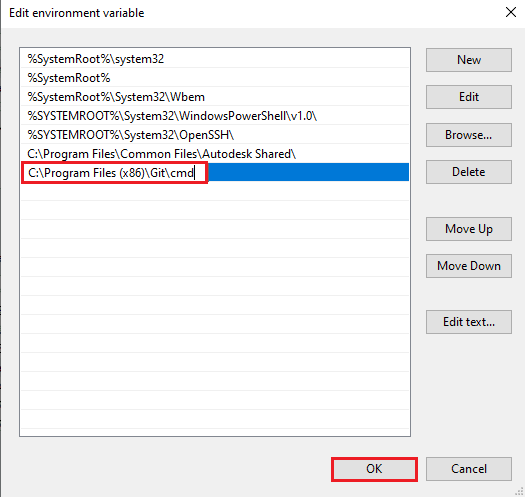 paste the copied location from the git Properties window and click on the OK button. Fix git is Not Recognized as an Internal or External Command