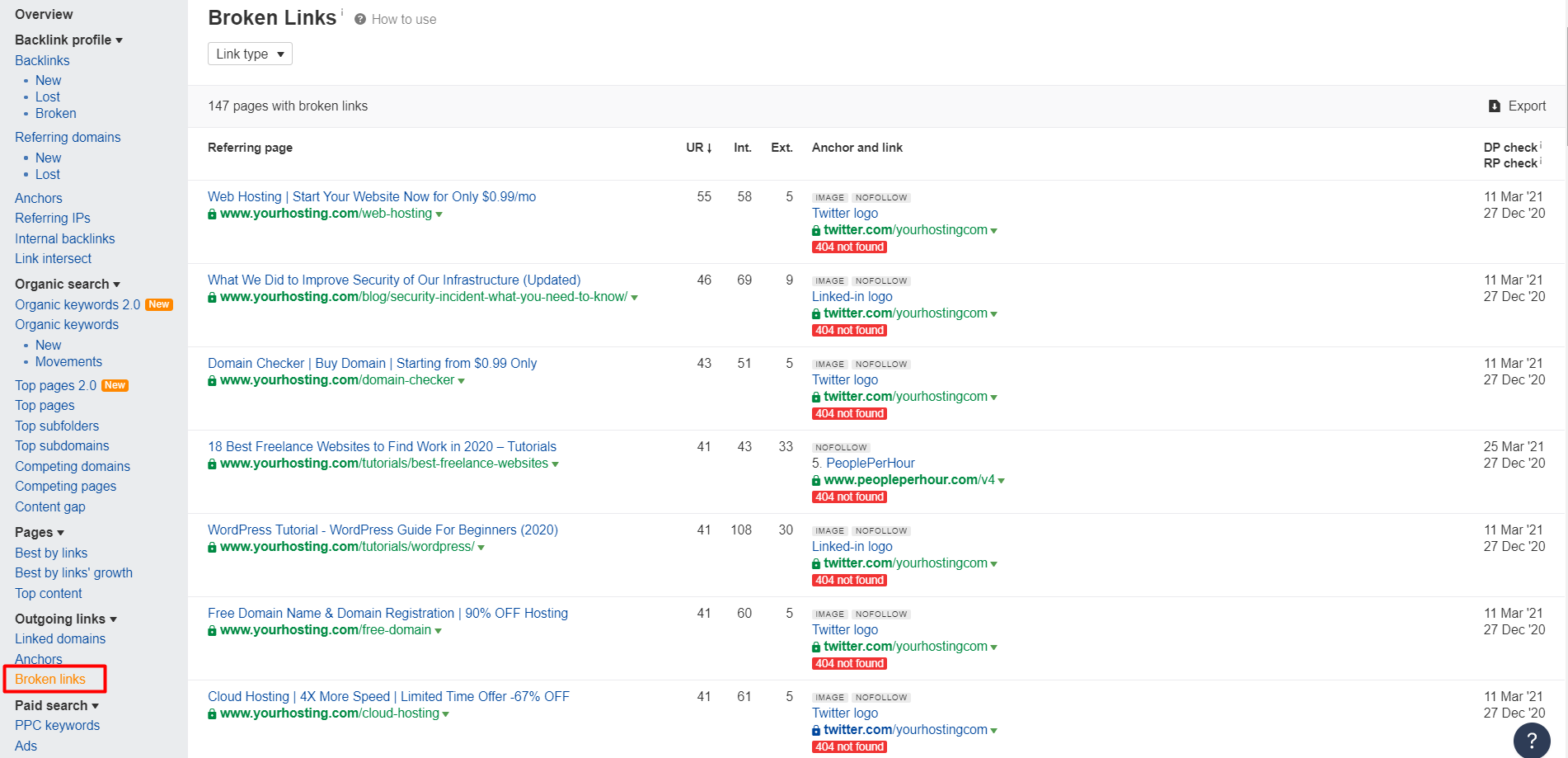 Detecting broken links in Ahrefs.