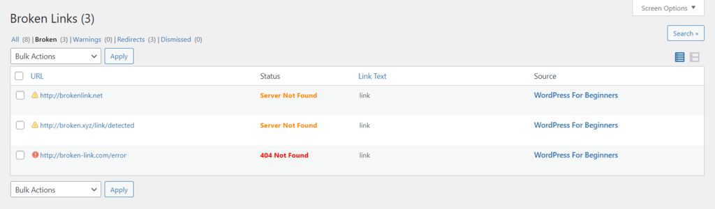 Broken link list in Broken Link Checker.