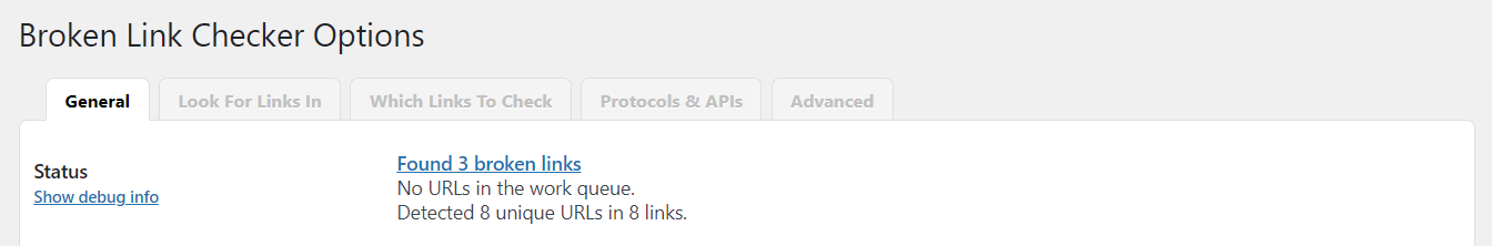Broken Link Checker General tab.