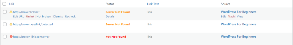 Editing an URL in Broken Link Checker.