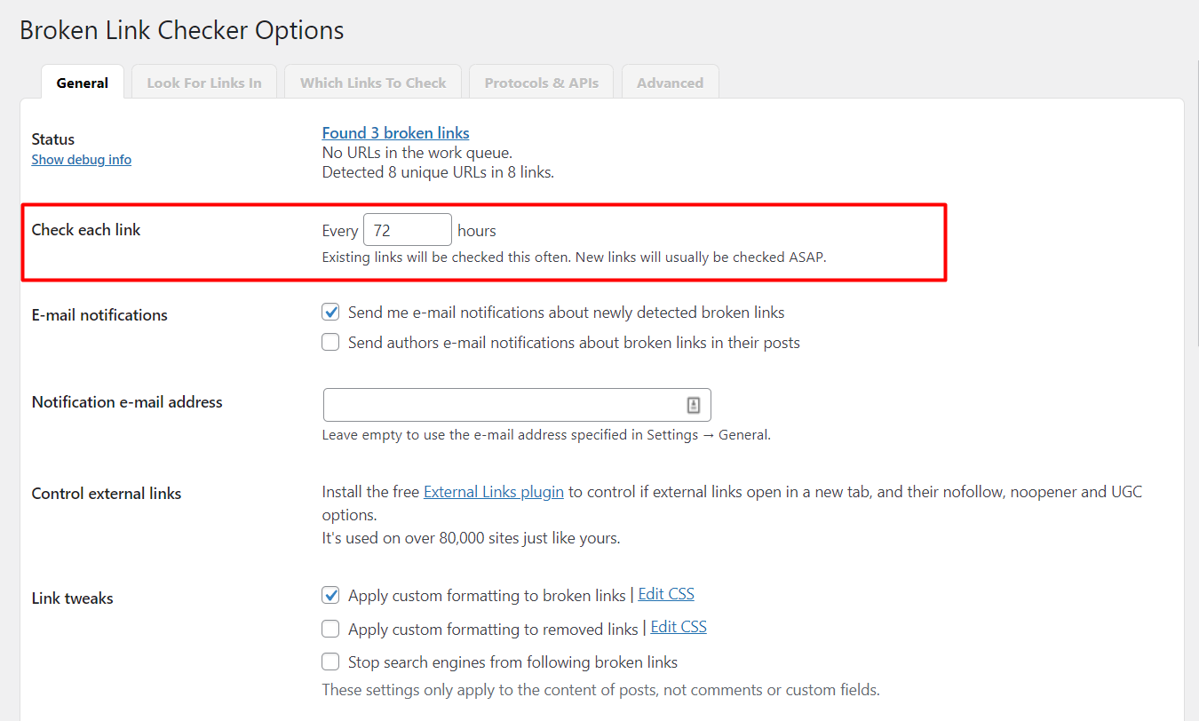Tweaking the Check each link option in Broken Link Checker.