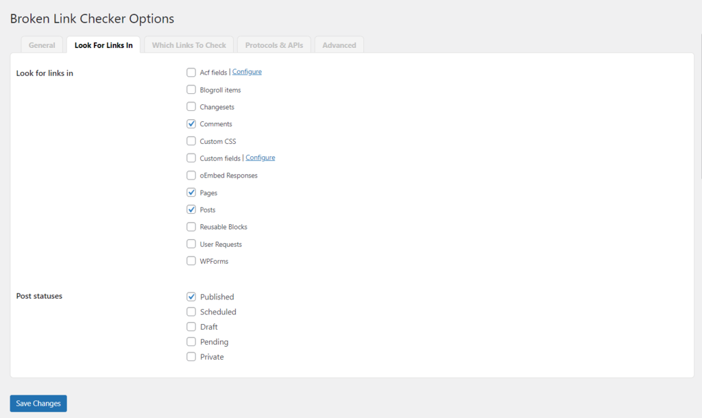 Look For Links In tab in Broken Link Checker.