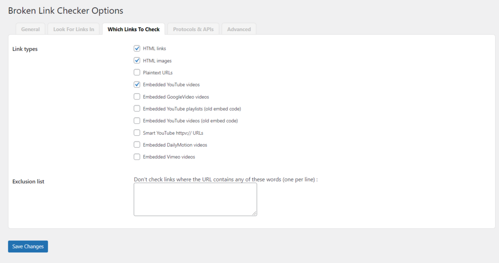Which Links To Check in Broken Link Checker.