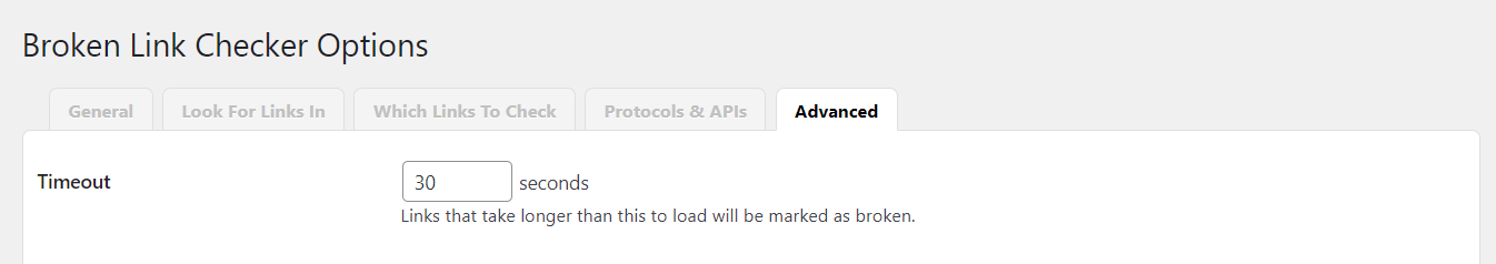 Advanced tab in Broken Link Checker.