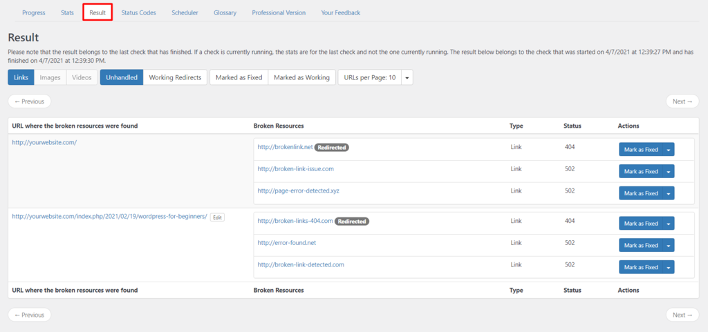 Result tab in Link Checker.