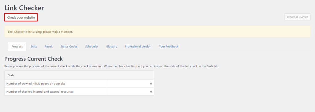Selecting the Check your website option in Link Checker.