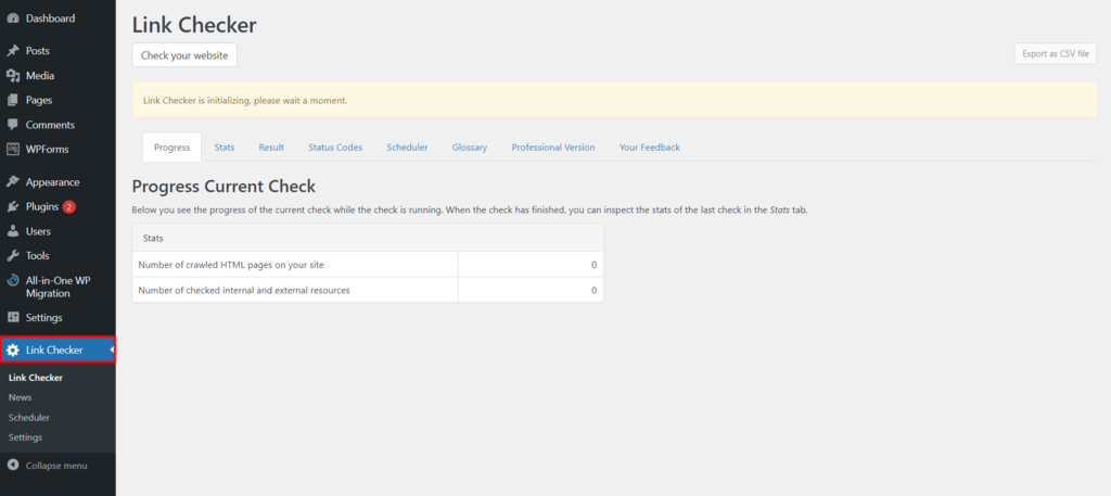 Accessing the Link Checker plugin WordPress.