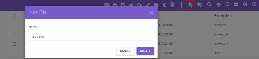 Creating a new file in Hostinger's File Manager.