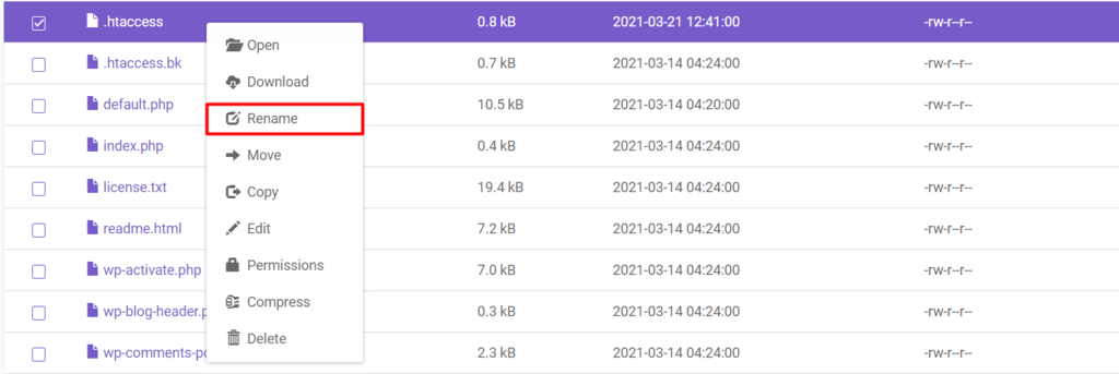Renaming the .htaccess file in Hostinger's File Manager.