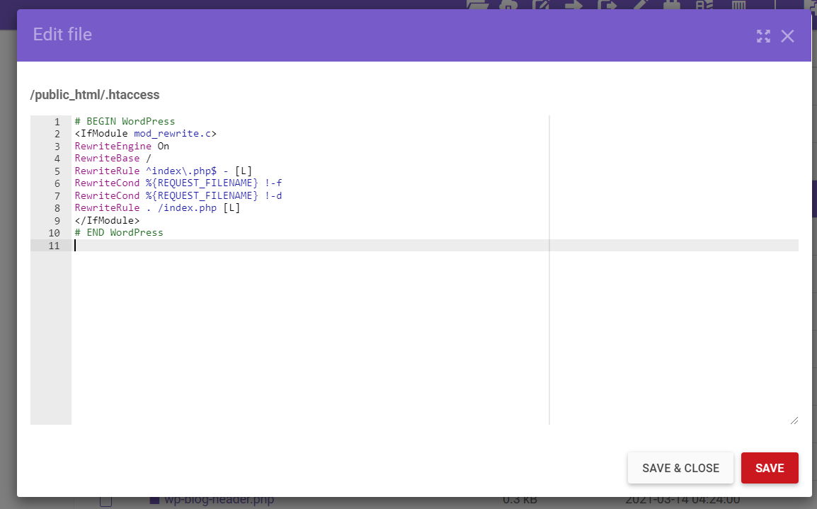 Editing the .htaccess file in Hostinger's File Manager.