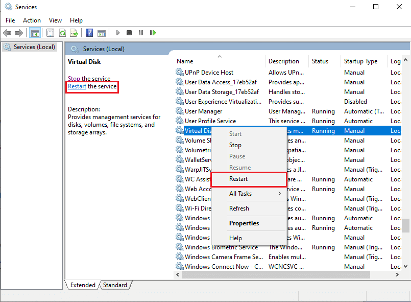 right click on Virtual Disk and click on Restart locate Restart the service