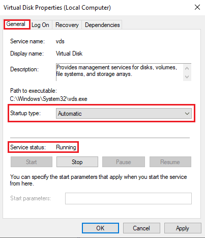 in the General tab select Startup type as Automatic and ensure the Service status is Running 