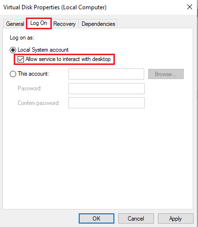 navigate to Log On tab and check the boc at Allow service to interact with desktop. Fix Error Code 490 01010004 in Windows 10