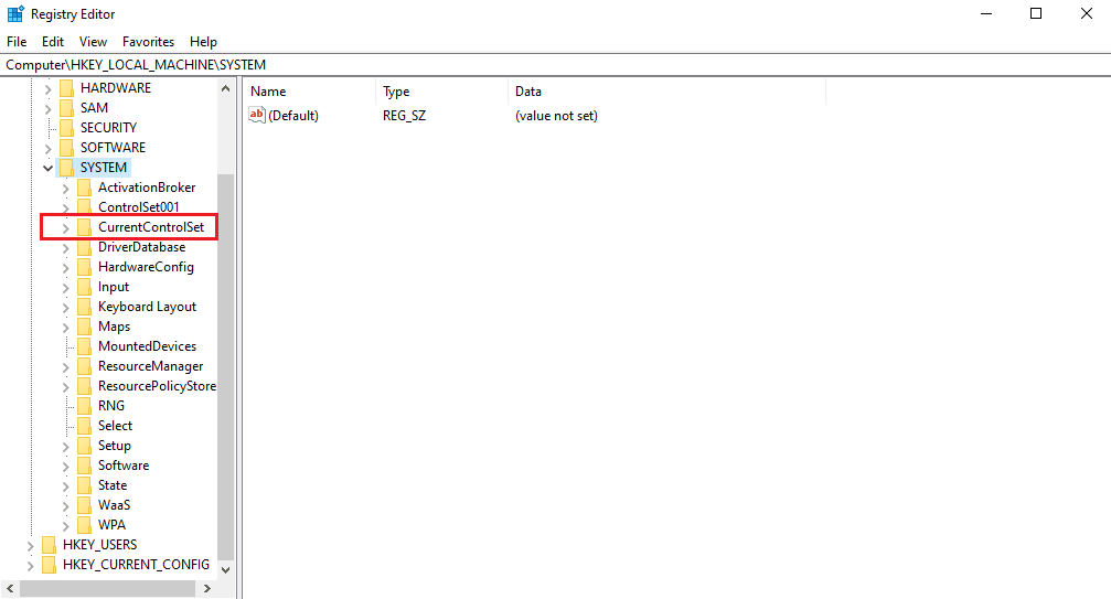 Navigate and click on the CurrentControlSet folder 