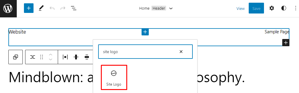 The block inserter in the block editor, with site logo query and the highlighted site logo block icon