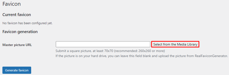 The RealFaviconGenerator plugin panel, with the select from the media library button highlighted