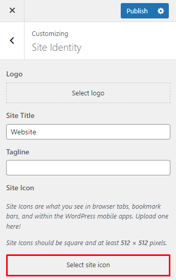 The site identity section in the WordPress Customizer, with the highlighted select site icon button