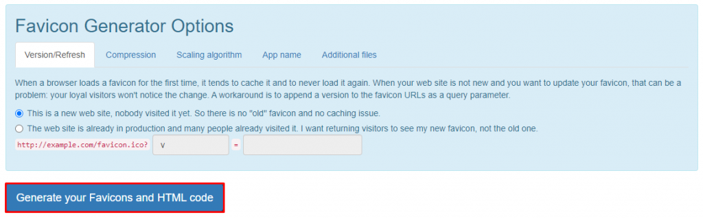 RealFaviconGenerator's favicon generator options section, with the highlighted generate your favicons and HTML code button
