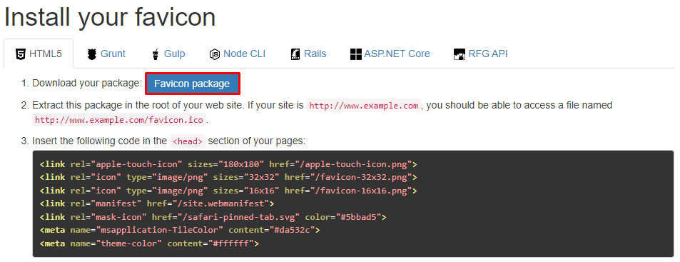 RealFaviconGenerator page with the highlighted favicon package button