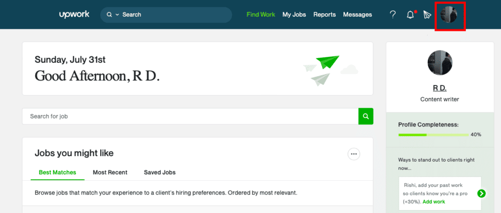 go to upwork website and click on profie image