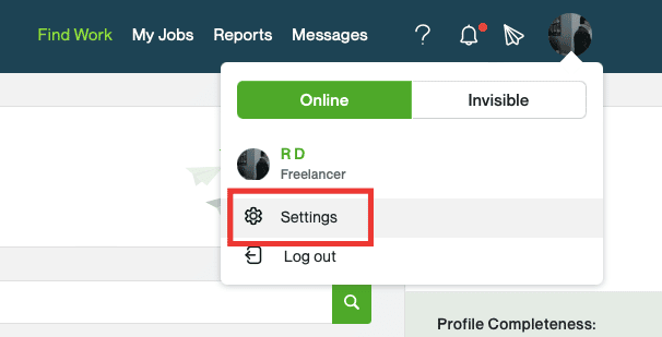 click on settings. How to Delete Upwork Account