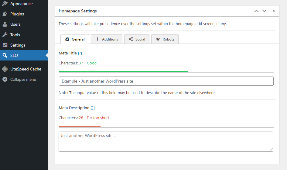 The SEO Framework dashboard showing meta title and description SEO optimization feature