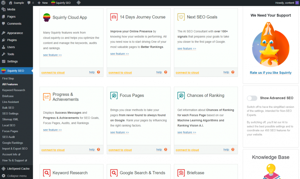 Squirrly SEO all features dashboard
