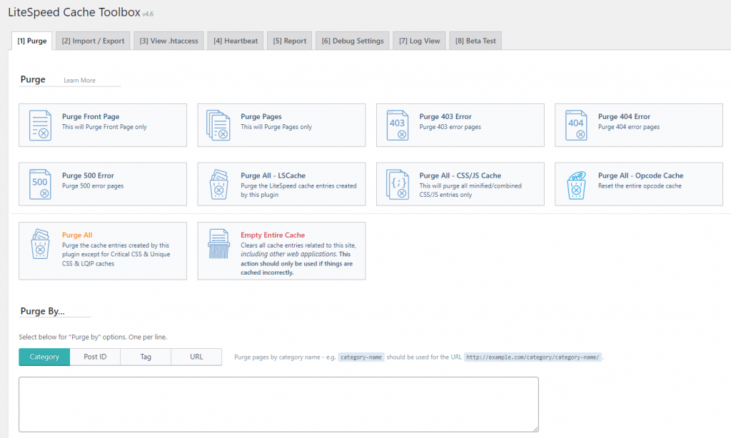 LiteSpeed Cache toolbox explaining each feature
