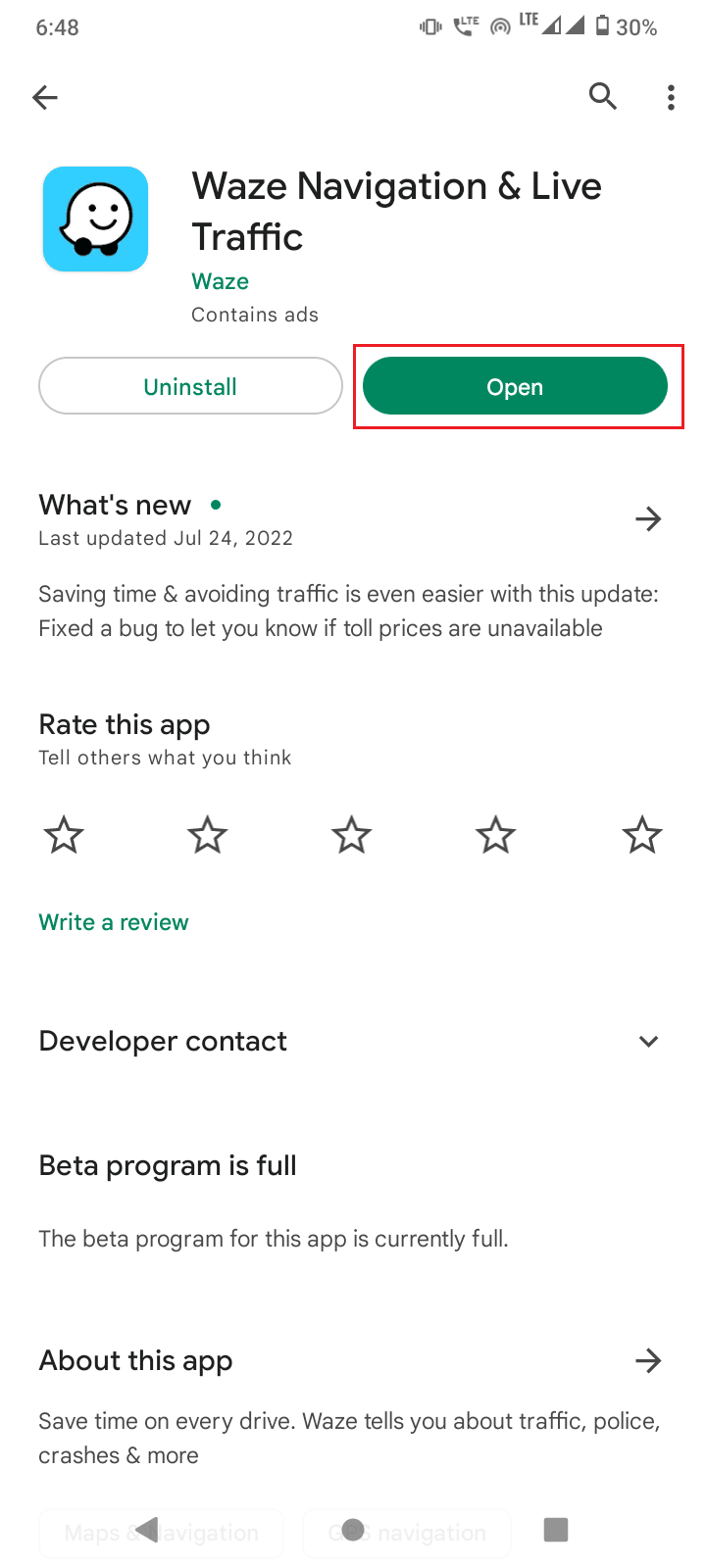 tap on open to open waze app