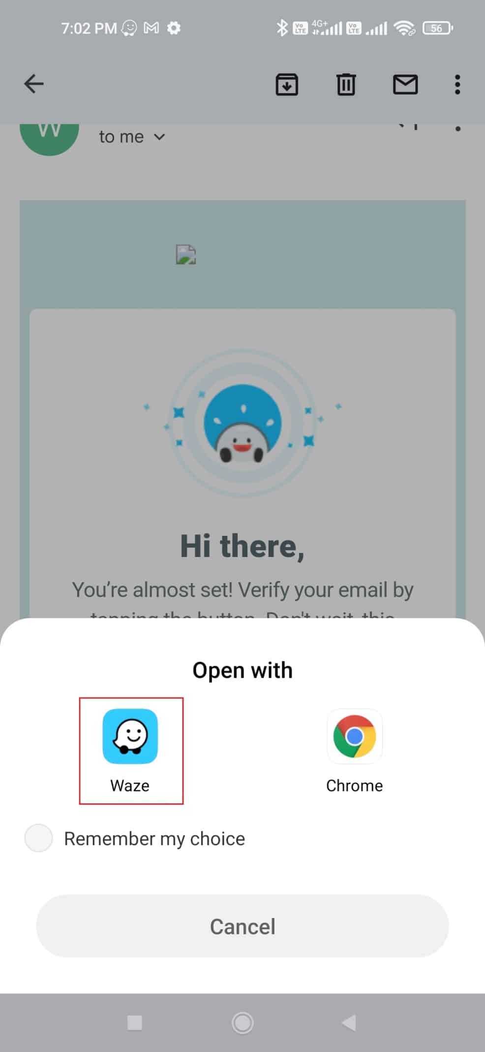 tap on waze app in open with menu to verify email account