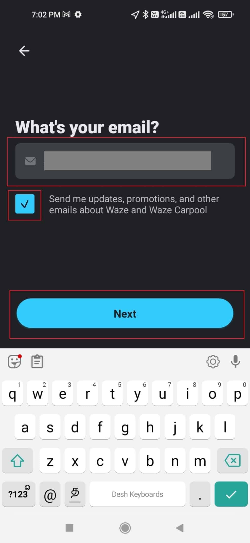 enter your mail id and tap on next