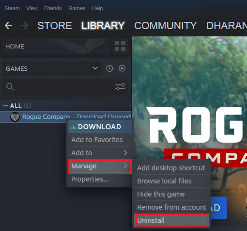 select the Manage option followed by Uninstall