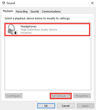 select the headphone and click on set default