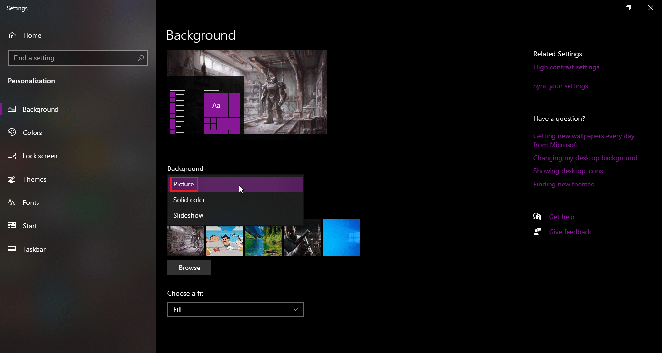 click on background dropdown and select picture