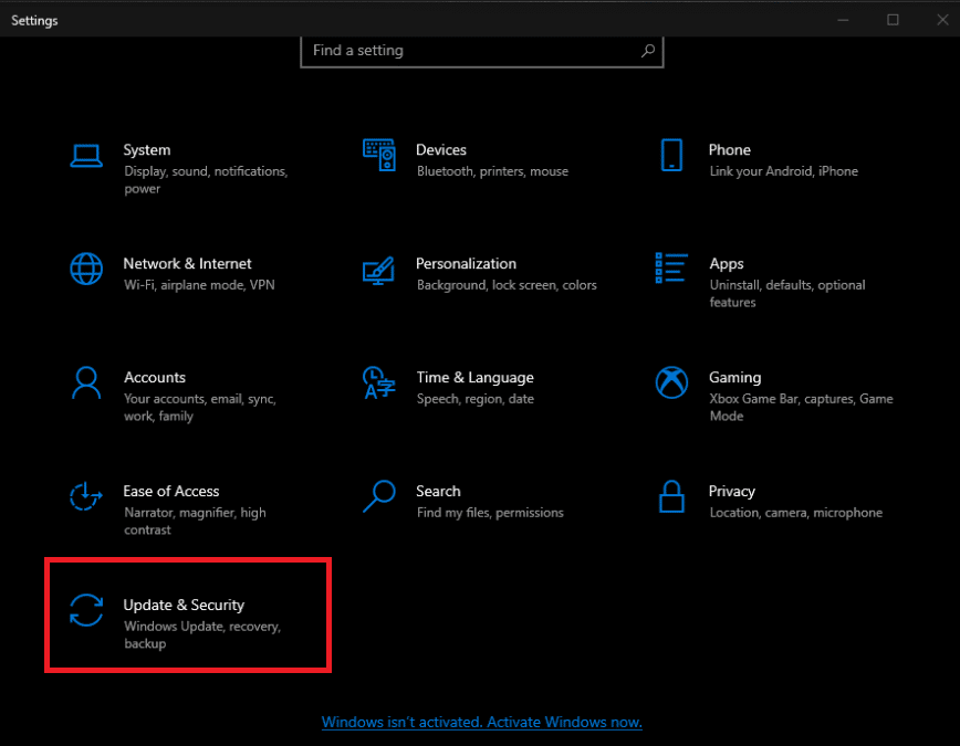 Select the Update and Security option