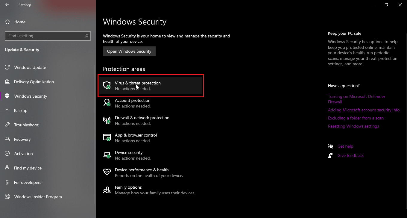 click on virus and threat protection. How to Rename file in Destination Directory