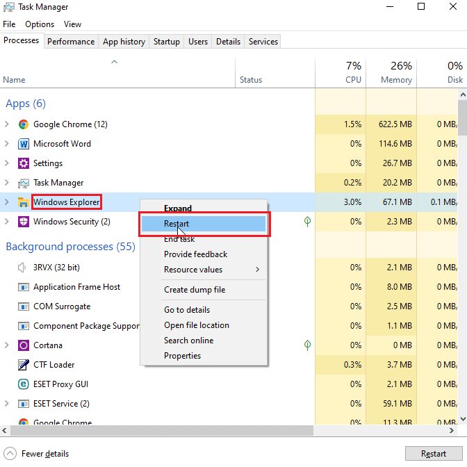 select windows explorer and right click and hit restart