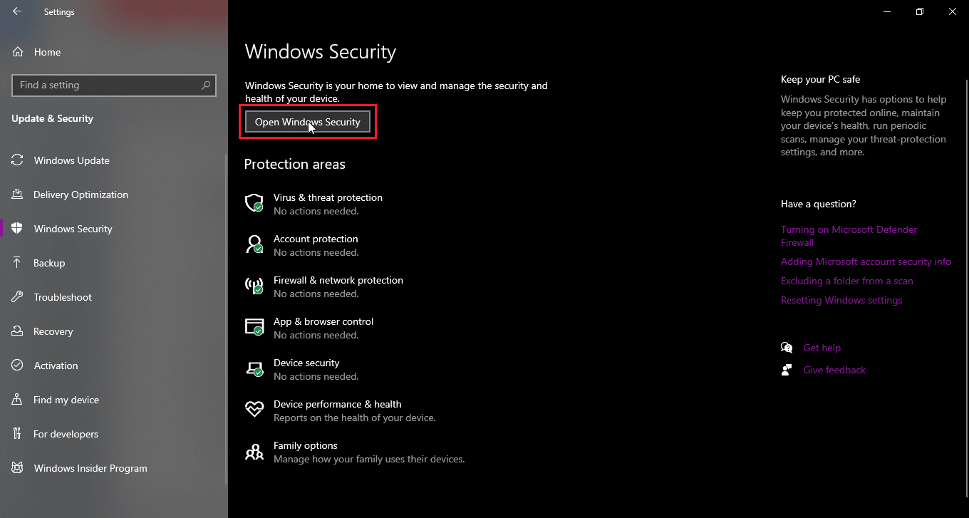 click on open windows security