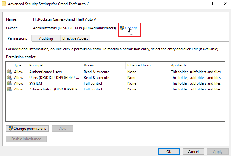 click on change link near owner 