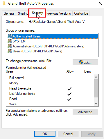 navigate to security tab