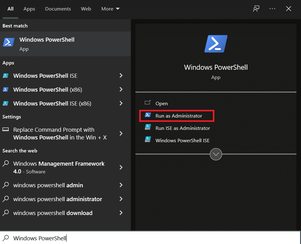 Windows PowerShell in search menu