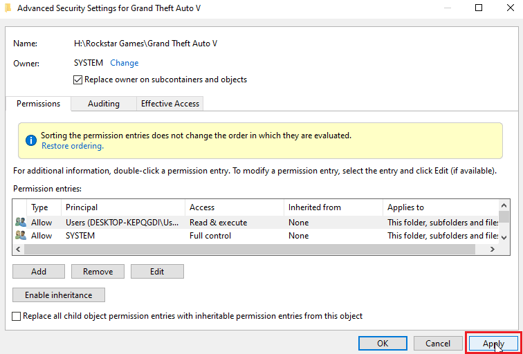 click on apply to apply ownership settings