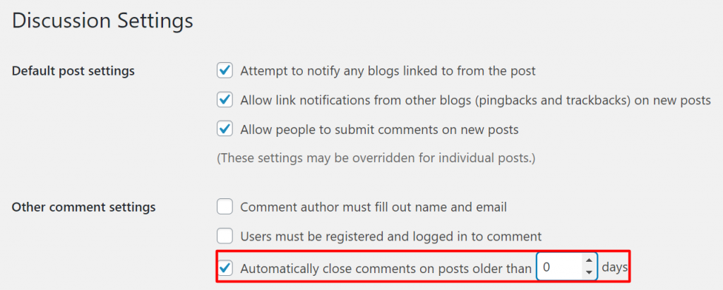 The Discussion Settings section on the WordPress admin panel, showing how to enable Automatically close comments