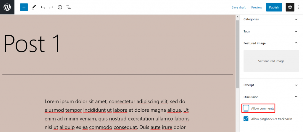The settings section in the Gutenberg editor, showing where to disable the comments