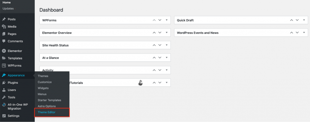The Appearance menu on the WordPress admin panel, showing where to click the Theme Editor
