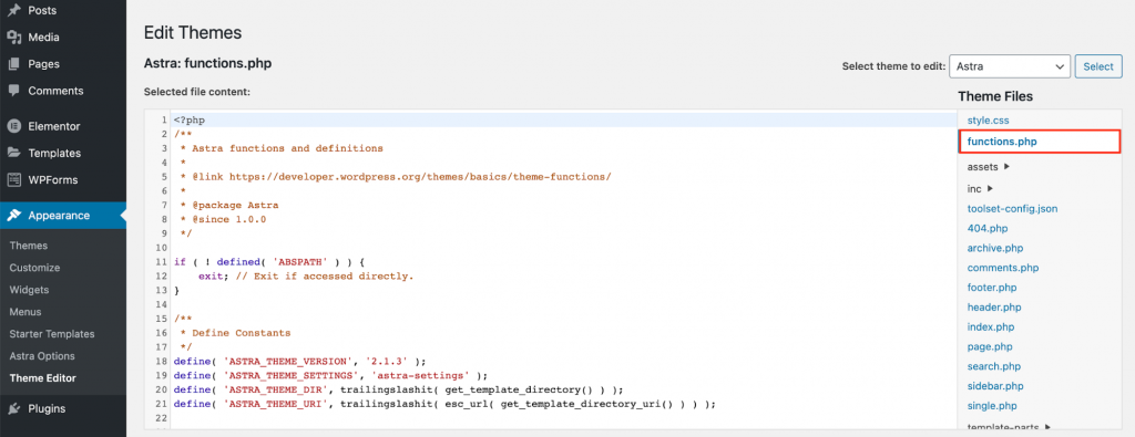 The Theme Editor page on the WordPress admin panel, showing where to click the functions.php file