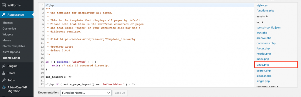 The Theme Editor on the WordPress admin panel, showing where to click page.php