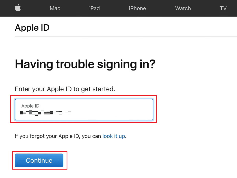 Enter your Apple ID in the given field and click on Continue